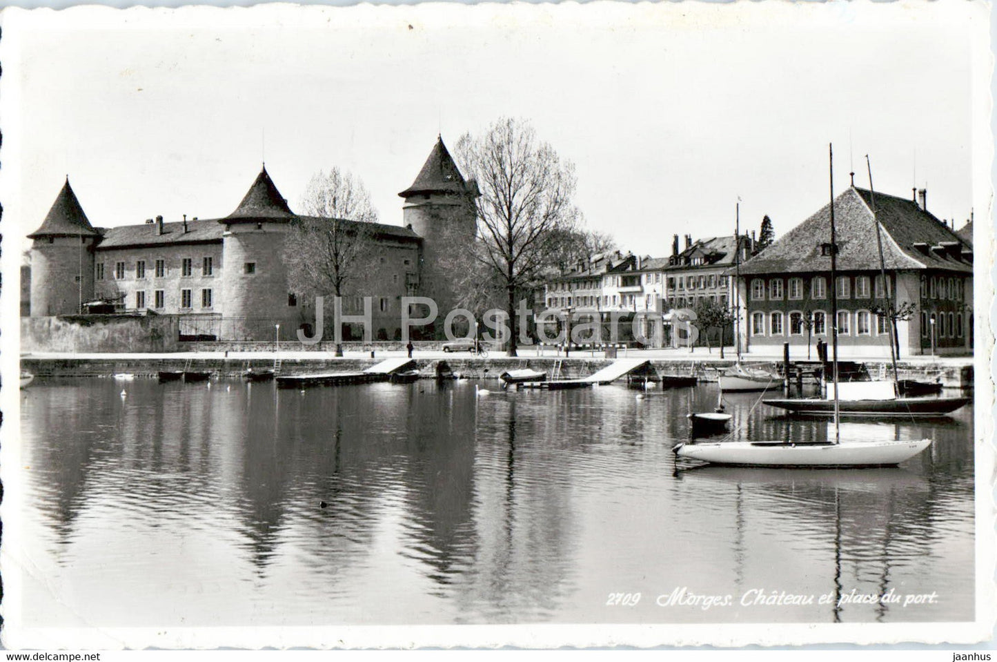 Morges - Chateau et place du port - castle - port - sailing boat - 1958 - old postcard - Switzerland - used - JH Postcards