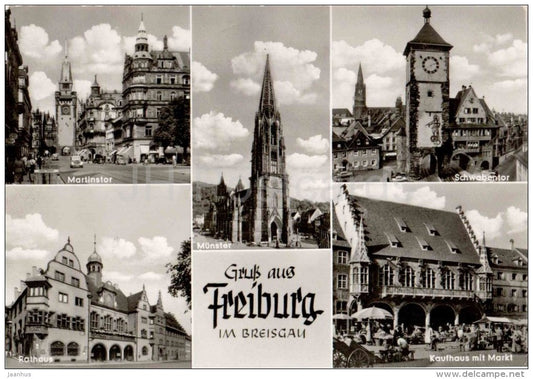 Gruss aus Freiburg im Breisgau - Martinstor - Münster - Rathaus - Schwabentor - Kaufhaus mit Mark - Germany - ungelaufen - JH Postcards