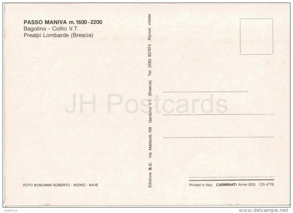 Prealpi Lombarde - Alps - Bagolino - Collio - Passo Maniva m. 1600-2200 - Brescia - Lombardia - Italia - Italy - unused - JH Postcards