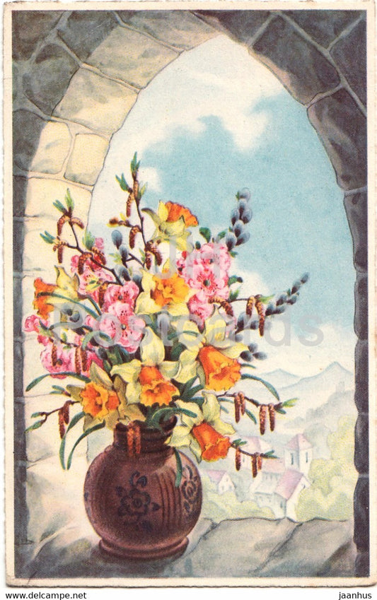 flowers on a window - illustration - Amag 3467 - old postcard - 1943 - used - JH Postcards