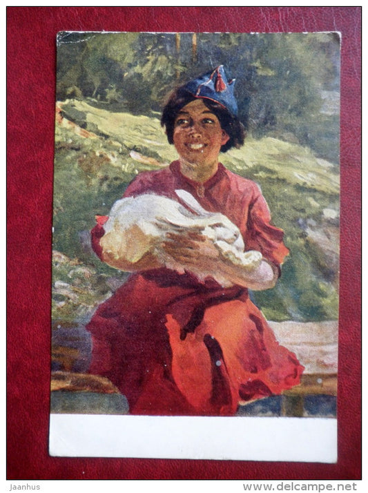 painting by V. Yefanov - New Homeland - rabbit - girl - soviet art - used - JH Postcards