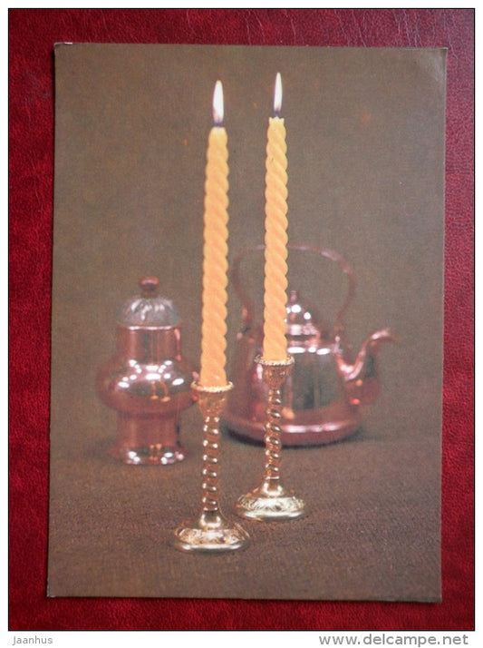 New Year Greeting card - candles - teapot - 1988 - Estonia USSR - unused - JH Postcards