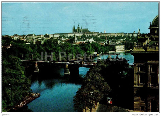 Praha - Prague - The castle of Prague Hradcany - bridge - tram - Czech - Czechoslovakia - used 1974 - JH Postcards