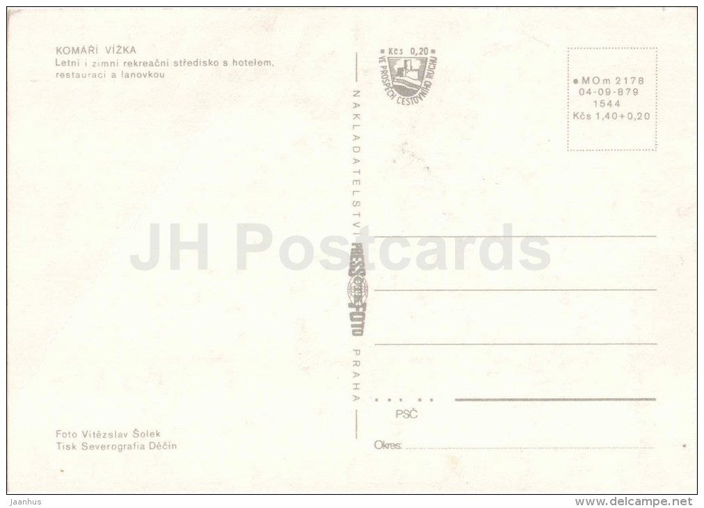 summer and winter leisure center with a hotel, restaurant and cable car - Komari Vizka - Czechoslovakia - Czech - unused - JH Postcards