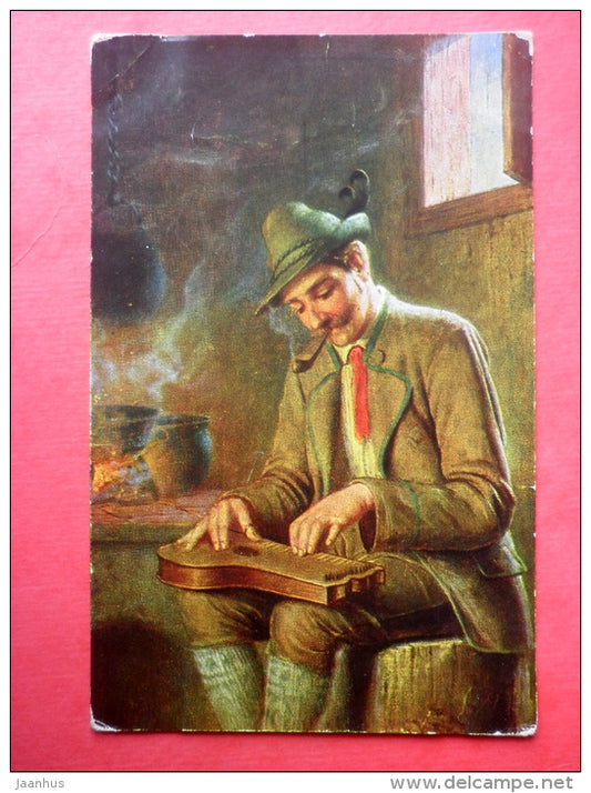 zither player - pipe - man - music - Peluba 224 - Germany - old postcard - used - JH Postcards