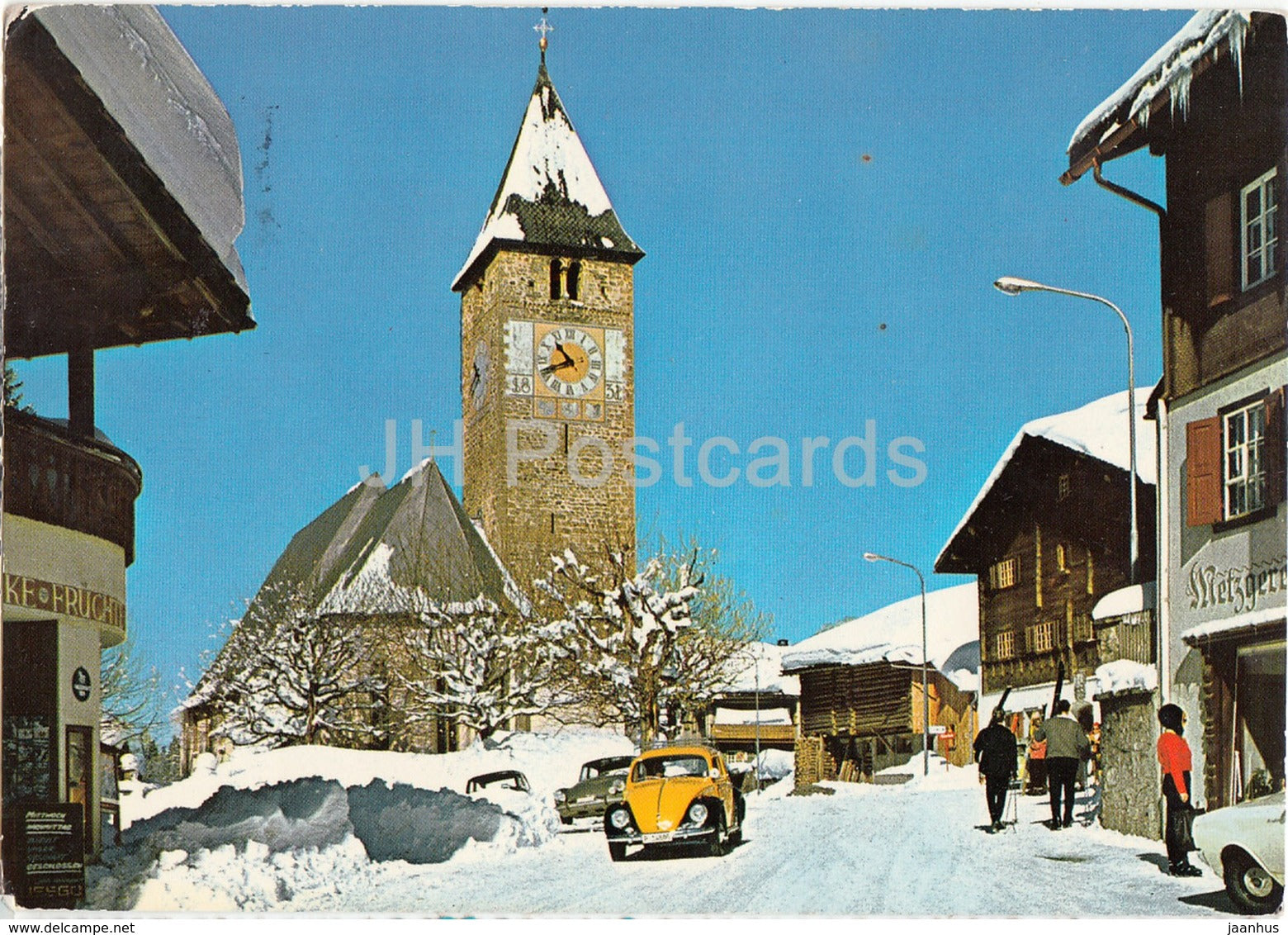 Klosters 1200 m - Dorfpartie bei der Ref Kirche - car Volkswagen - 1969 - Switzerland - used - JH Postcards