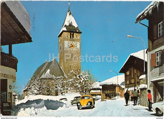 Klosters 1200 m - Dorfpartie bei der Ref Kirche - car Volkswagen - 1969 - Switzerland - used - JH Postcards