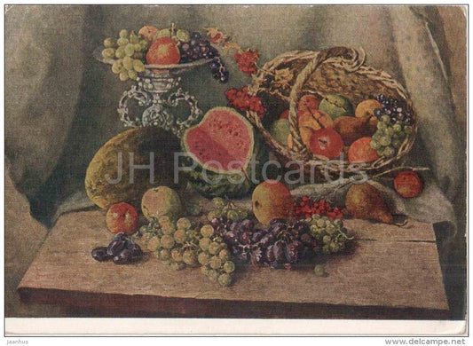 painting by N. Moskalyev - Still Life . Fruits - watermelon - grapes - apple - peach - russian art - unused - JH Postcards