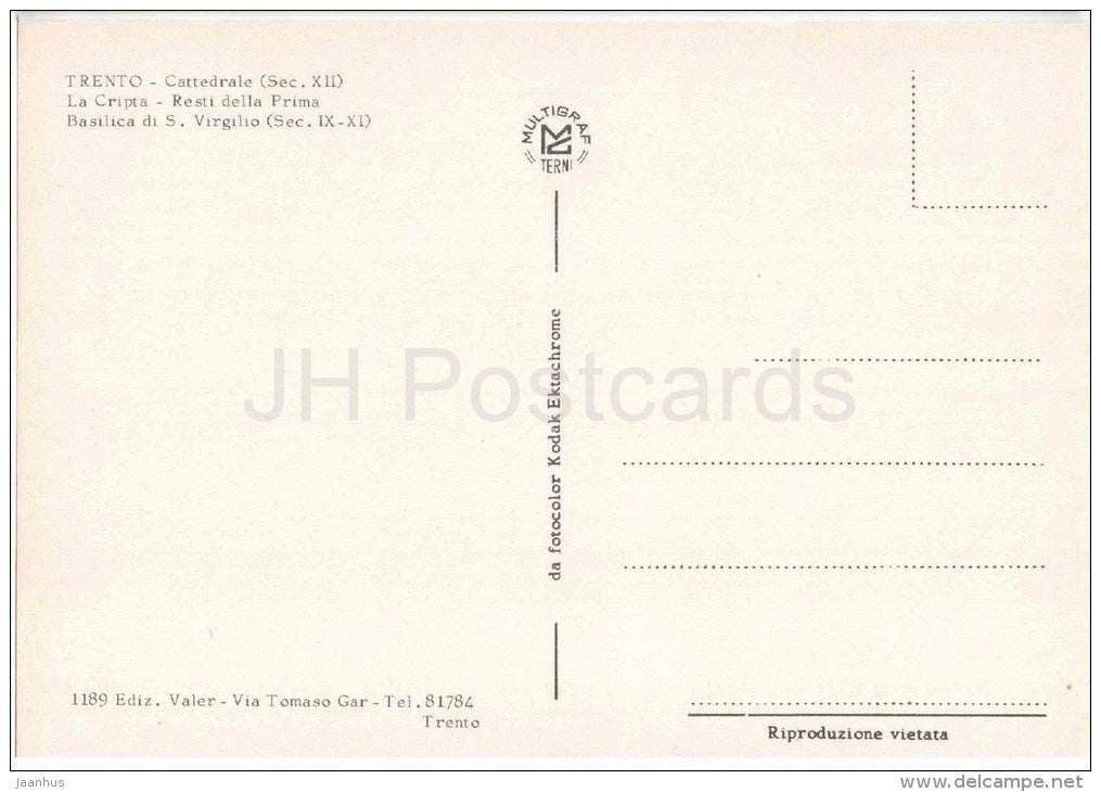Cattedrale , La Cripta , Resti della Prima , Basilica di S. Virgilio - Trento - 1189 - Italia - Italy - unused - JH Postcards