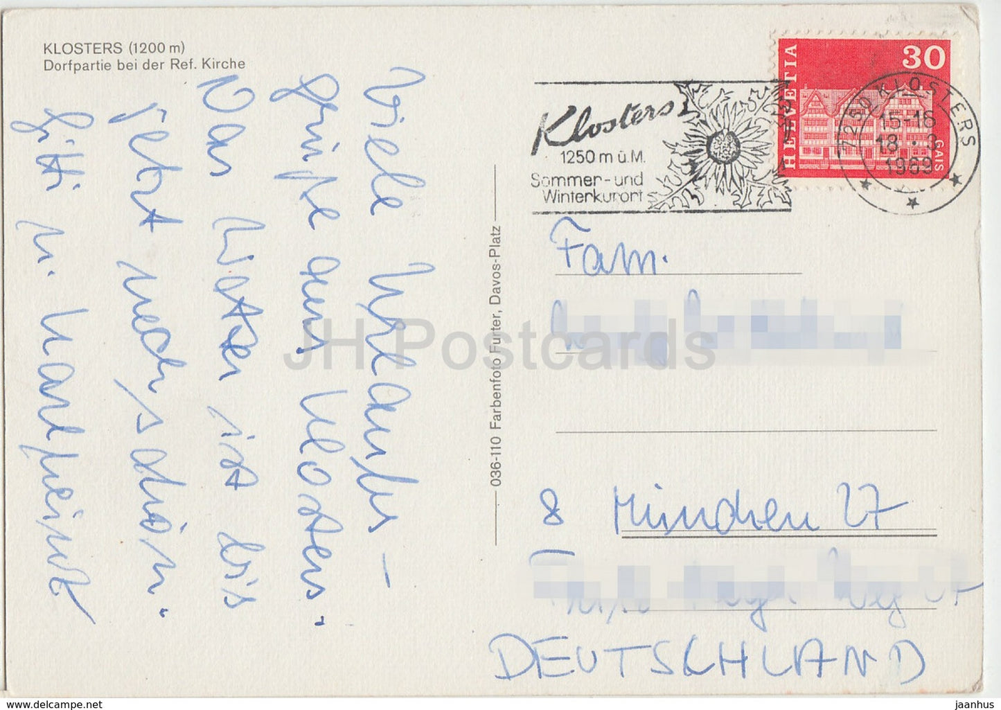 Klosters 1200 m - Dorfpartie bei der Ref Kirche - car Volkswagen - 1969 - Switzerland - used