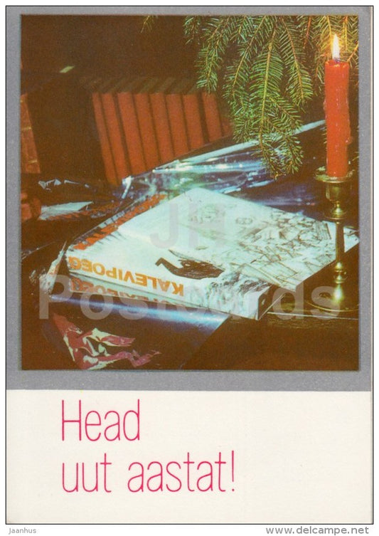 New Year Greeting card - 3 - books - candle - 1976 - Estonia USSR - used - JH Postcards