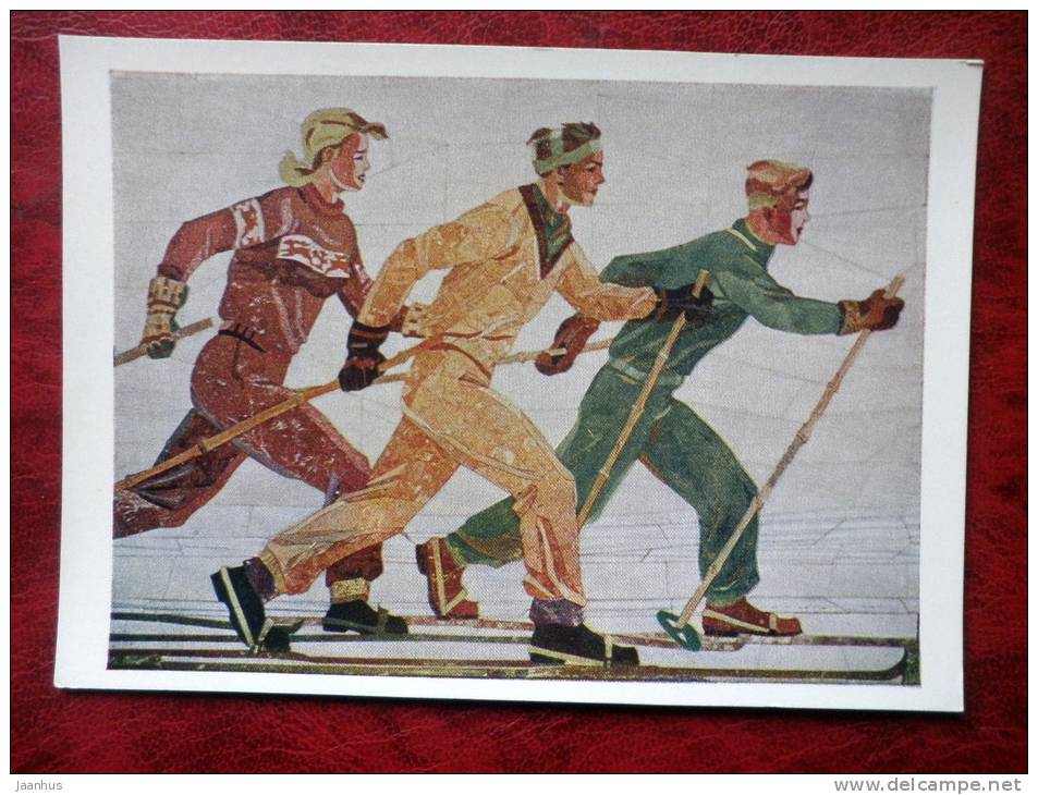 Florentine Mosaic by A. A. Deyneka - skiers , 1950 - russian art - unused - JH Postcards