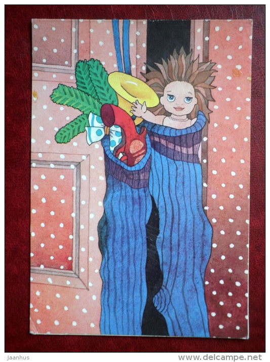 New Year Greeting card - by R. Lukk - gifts in sock - doll - horn - pistol - 1988 - Estonia USSR - used - JH Postcards