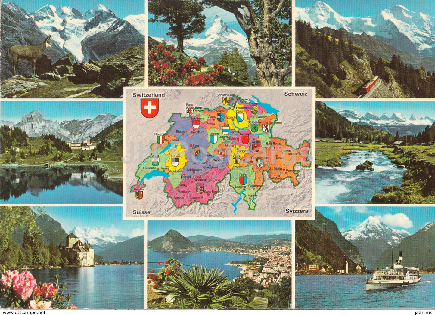 Map - Piz Bernina - Matterhorn - Monch - Jungfrau - Engelberg - Churfirsten - map - multiview - Switzerland - unused - JH Postcards