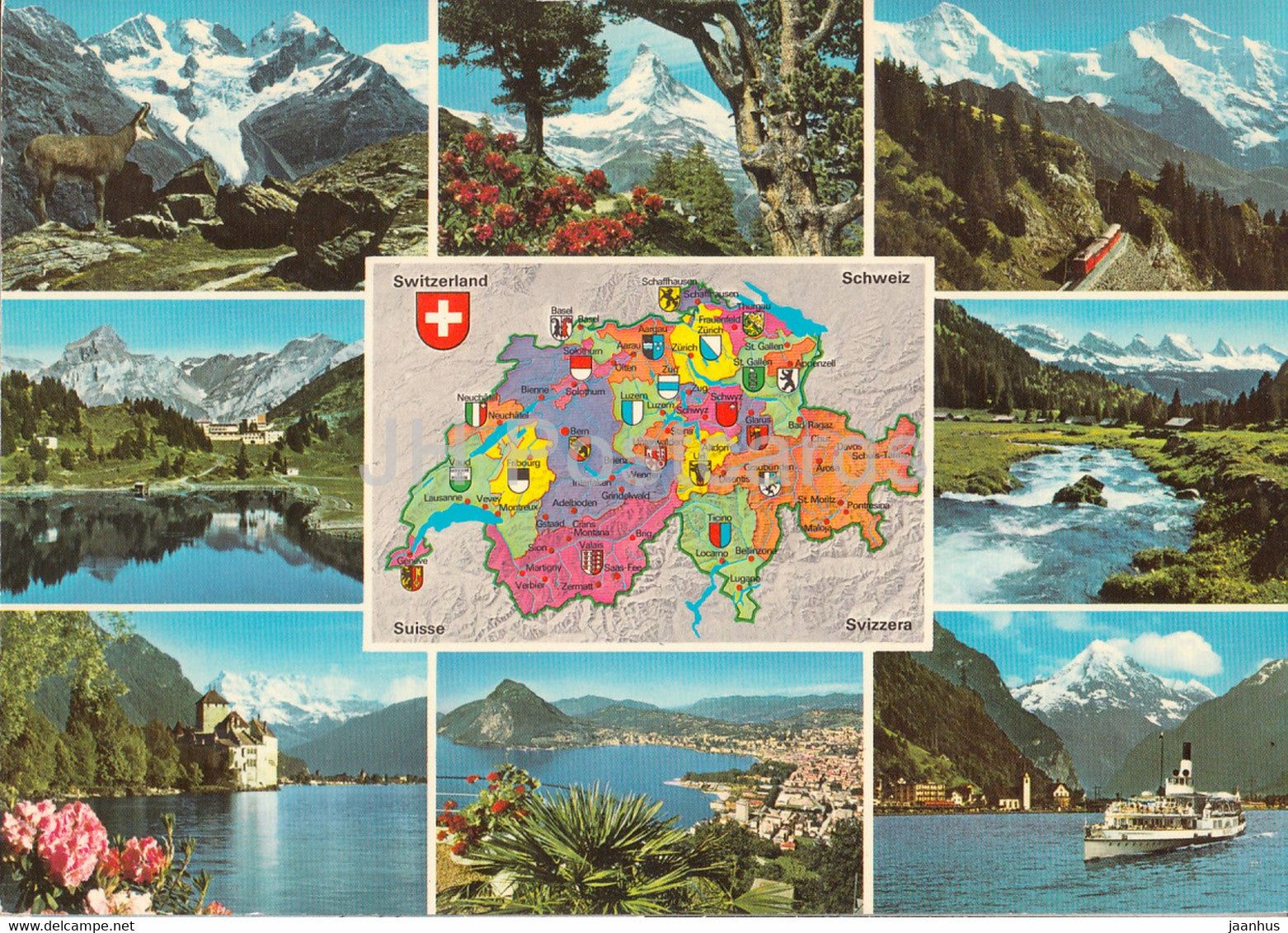 Map - Piz Bernina - Matterhorn - Monch - Jungfrau - Engelberg - Churfirsten - map - multiview - Switzerland - unused - JH Postcards