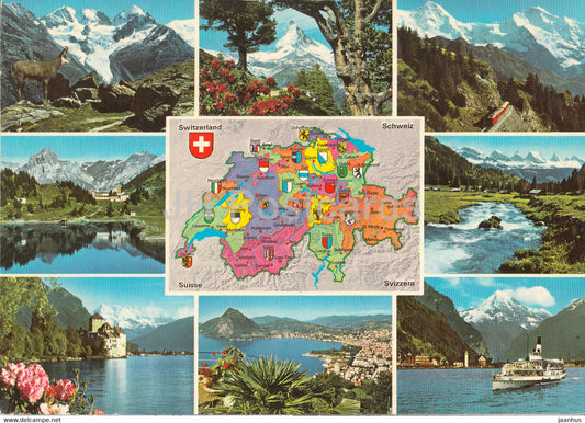 Map - Piz Bernina - Matterhorn - Monch - Jungfrau - Engelberg - Churfirsten - map - multiview - Switzerland - unused - JH Postcards