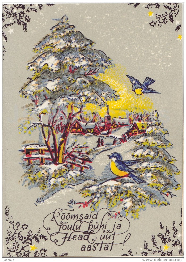 Christmas Greeting card - town view - birds - illustration - Estonia USSR - used in 1990 - JH Postcards
