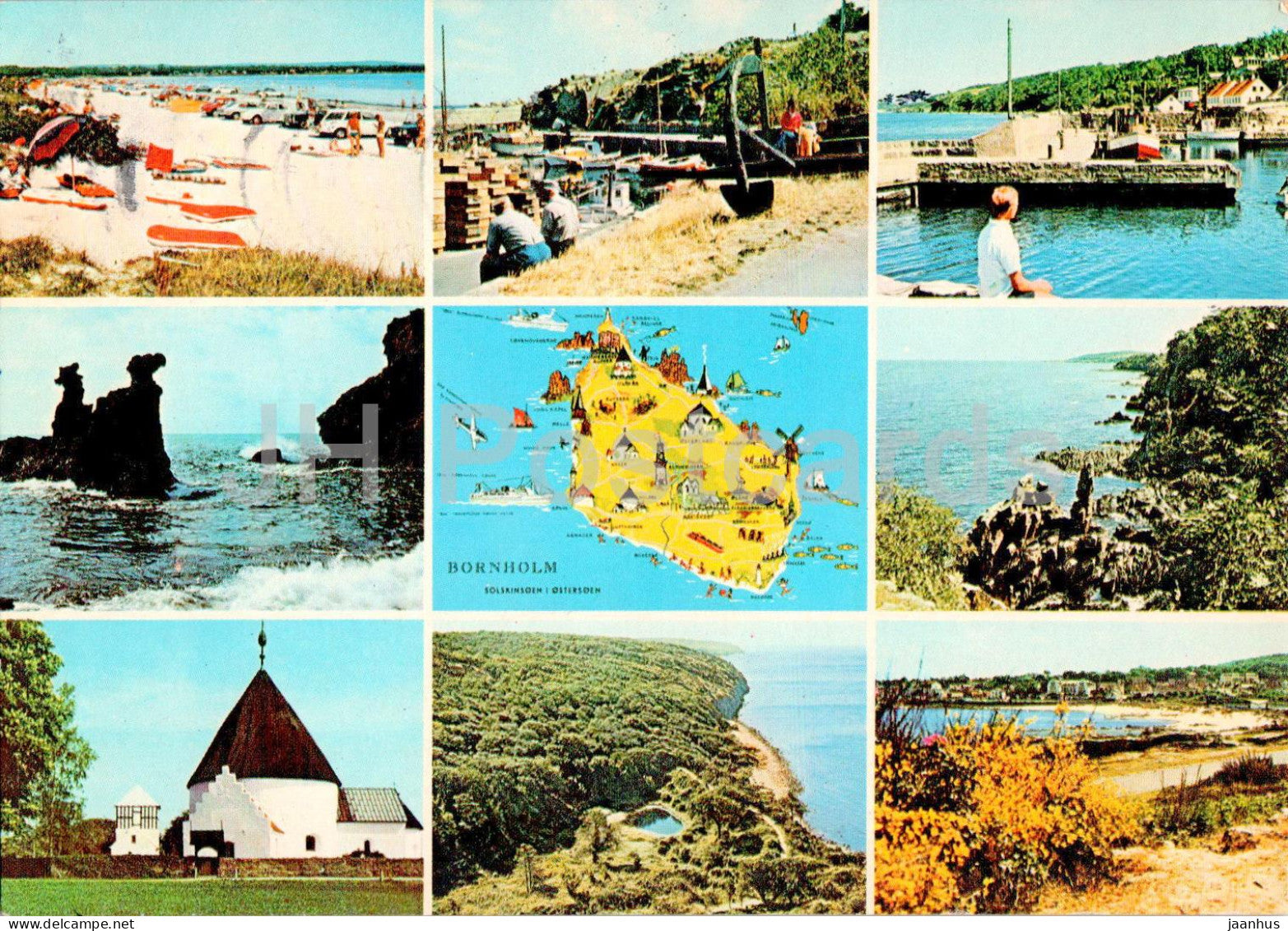 Bornholm - map - church - beach - multiview - 1701 - 1970s - Denmark - used - JH Postcards