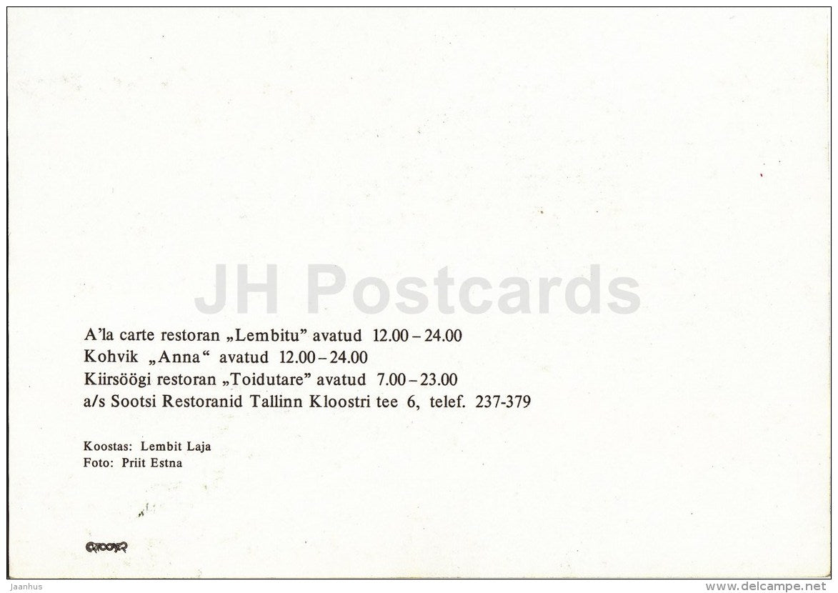 restaurant Lembitu - cafe Anna - Toidutare - Peoleo - Tallinn - 1990s - Estonia - unused - JH Postcards