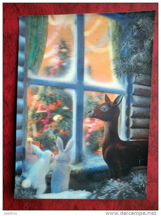Finland - 3D - stereo - New Year - Christmas - Deer - Rabbit - sent in Finland, Helsinki - 1969 - used - JH Postcards