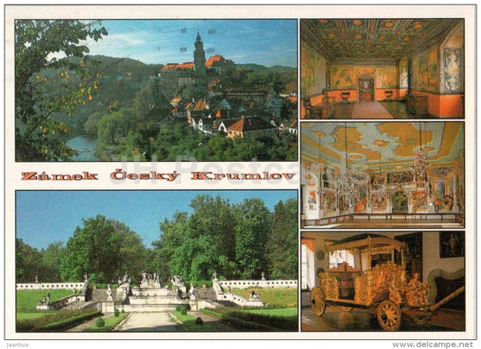 Cesky Krumlov castle - Rosenberg room - garden - Masquerade Hall - Golden Carriage - Czechoslovakia - Czech - used 1993 - JH Postcards