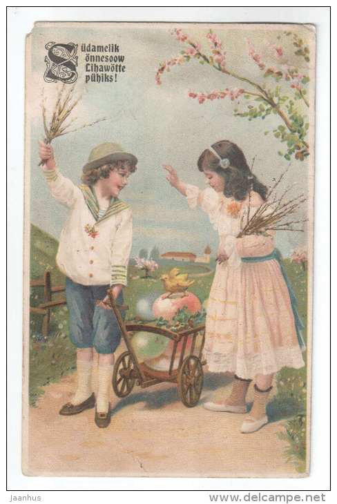 Easter Greeting Card - eggs - trolley - children - WHB - circulated in Tsarist Russia Estonia 1906 Wesenberg - used - JH Postcards