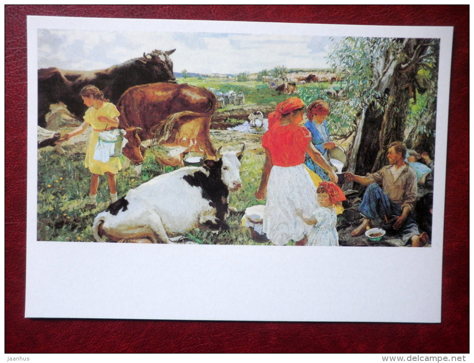 painting by Arkady Plastov , Summer , 1959-1960 - cow - milk - russian art - unused - JH Postcards