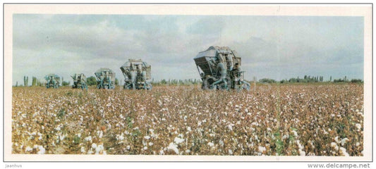cotton field of sovkhos Halkabad - harvester - Karakalpakstan - 1974 - Uzbekistan USSR - unused - JH Postcards