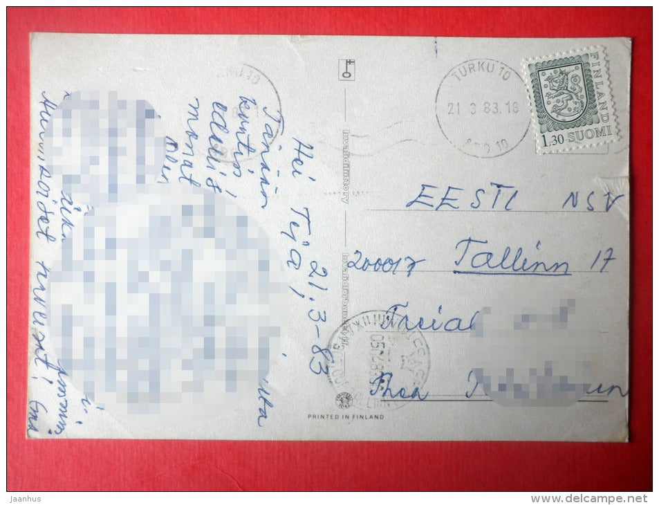 Easter Greeting Card by Jenny Nyström - chicken - egg - daffodil - Finland - sent from Finland to Estonia 1983 - JH Postcards