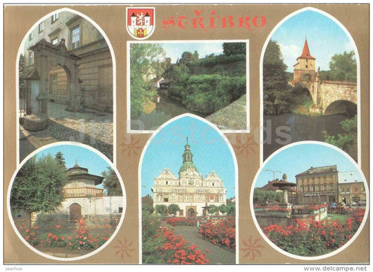 Stribro - historical bridge - Gottwald square - hotel Europa - Czechoslovakia - Czech - unused - JH Postcards