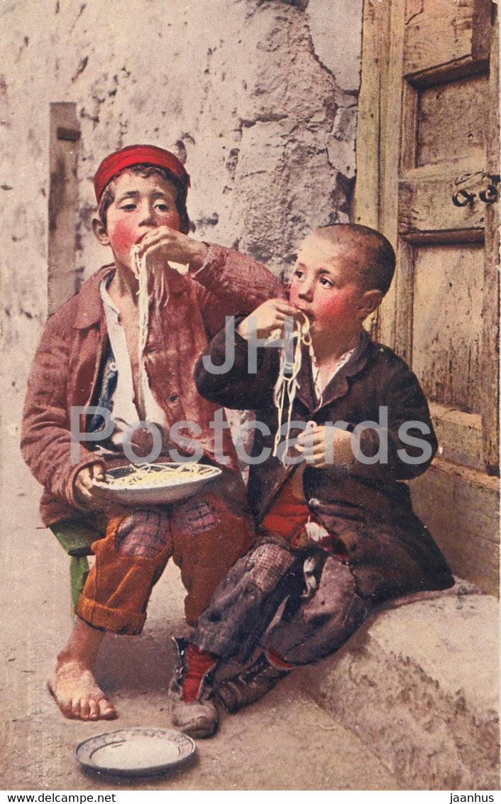 Tipi Napoletani - pasta - spaghetti - boys - children - Brunner & C - 20887 - old postcard - 1923 - Italy - used - JH Postcards