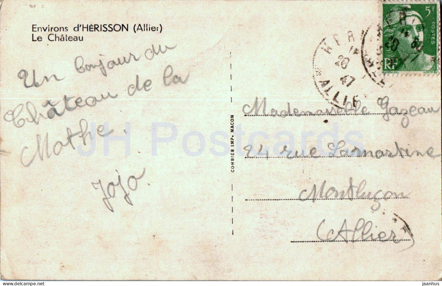 Environs d'Herisson - Le Château - château - carte postale ancienne - 1947 - France - occasion 