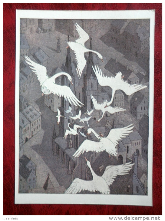 The Wonderful Adventures of Nils by S. Lagerlöf - Illustration by Diodorov - flock over city - 1981 - unused - JH Postcards