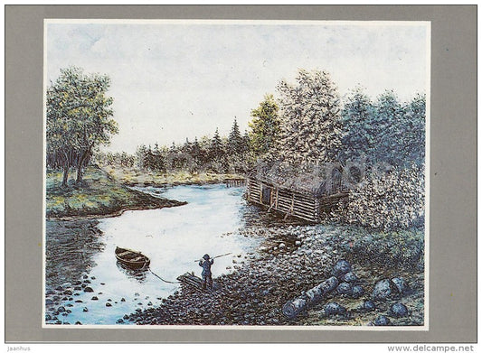 painting by E. Riisk - in the Nork of the Lake , 1987 - boat - Estonian art - 1992 - Estonia - unused - JH Postcards