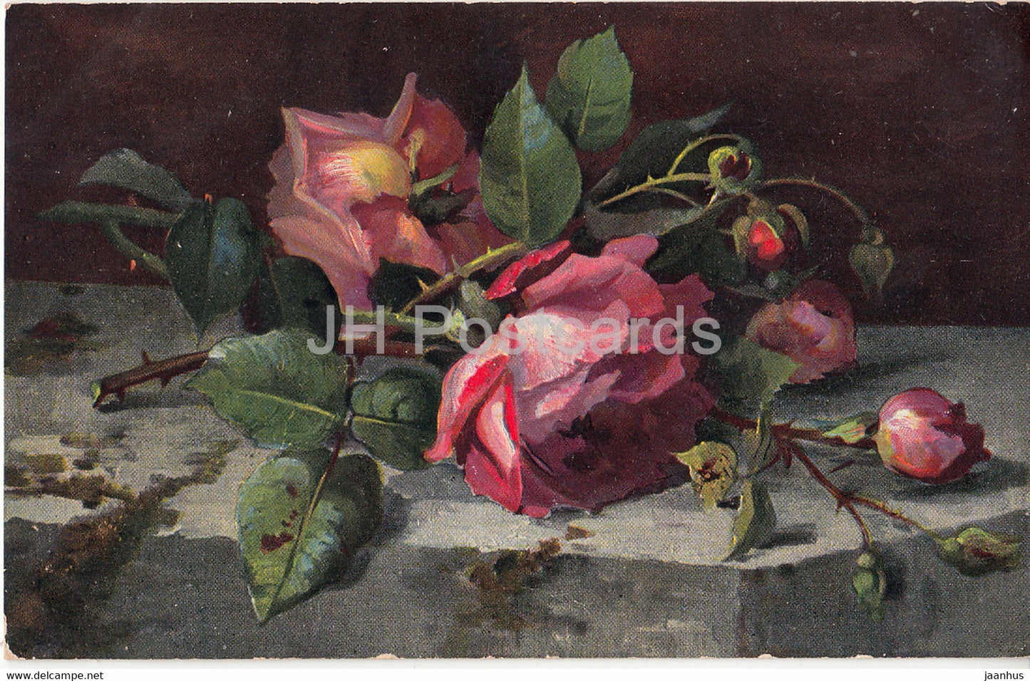 flowers - red roses - K & B D - Serie 3001 - illustration - old postcard - Germany - unused - JH Postcards