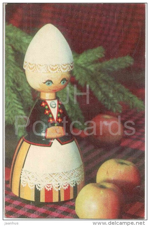 New Year Greeting card - wooden doll in estonian folk costumes - apple - 1972 - Estonia USSR - used - JH Postcards