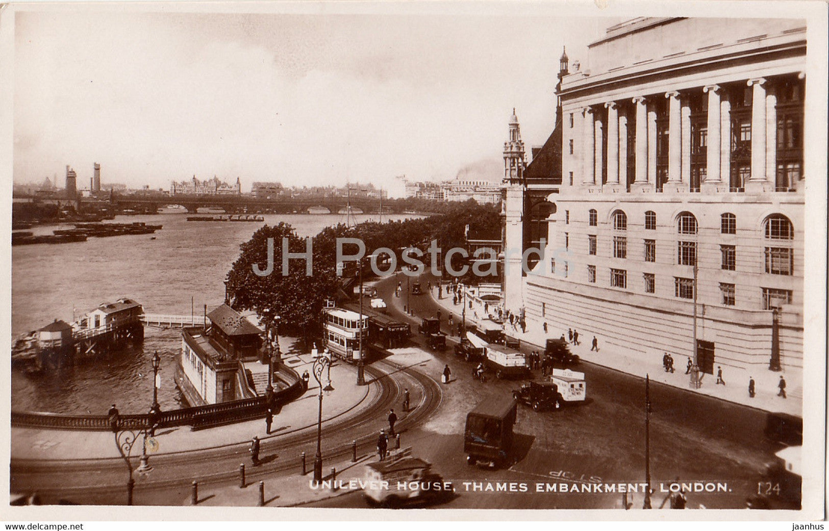 London - Unilever House - Thames Embankment - tram - 124 - old postcard - 1936 - England - United Kingdom - used - JH Postcards
