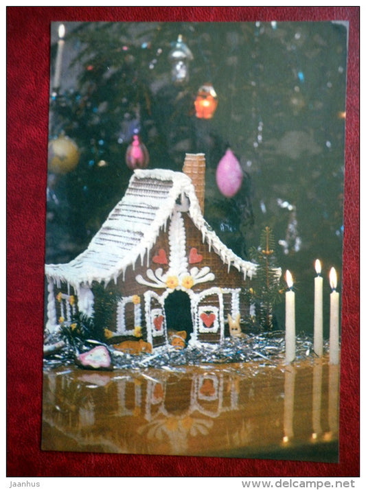 New Year Greeting card - gingerbread house - candles - christmas tree - 1990 - Estonia USSR - used - JH Postcards