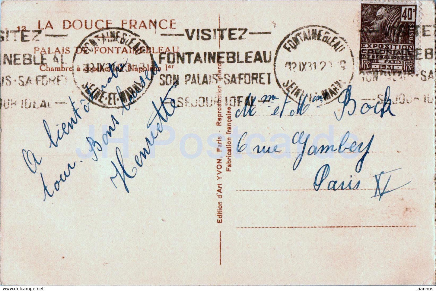 Palais de Fontainebleau – Chambre a Coucher Napoleon – 12 – alte Postkarte – 1931 – Frankreich – gebraucht 