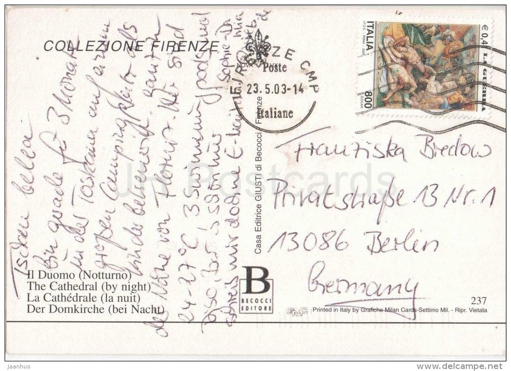 Il Duomo , Notturno - The Cathedral by Night  Firenze - Toscana - 237 - Italia - Italy - sent from Italy to Germany 2003 - JH Postcards