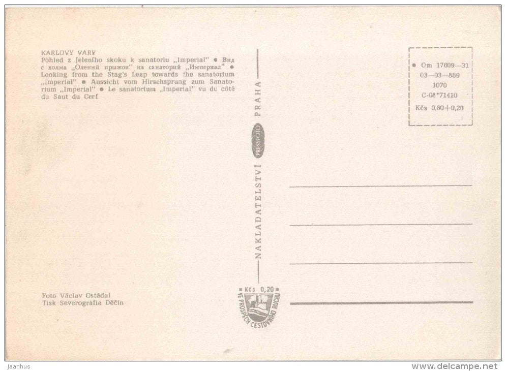 looking from the Stag`s Leap towards the sanatorium Imperial - Karlovy Vary - Czechoslovakia - Czech - unused - JH Postcards