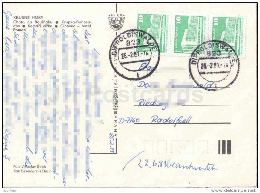 Krusne Hory - Krubka-Bohosudov - Cinovec - hotel Pomezi - Czechoslovakia - Czech - used 1981 - JH Postcards