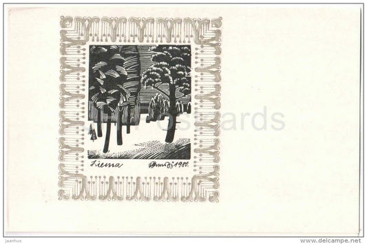 postcard by R. Skrubis - Winter - latvian art - unused - JH Postcards