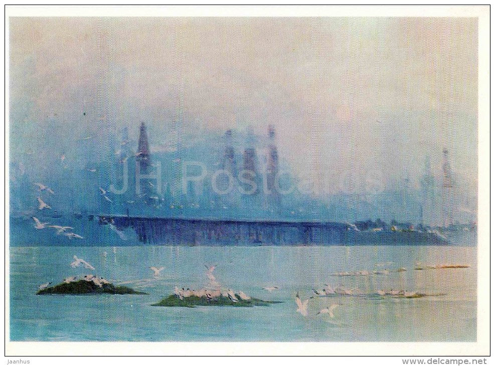 painting by Sattar Bahlulzade - Evening on the Caspian Sea , 1959 - gulls - azerbaijan art - unused - JH Postcards