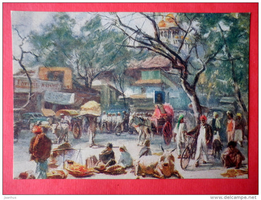 painting by Konstantin Finogenov - Old Delhi - bicycle - carriage - russian art - unused - JH Postcards