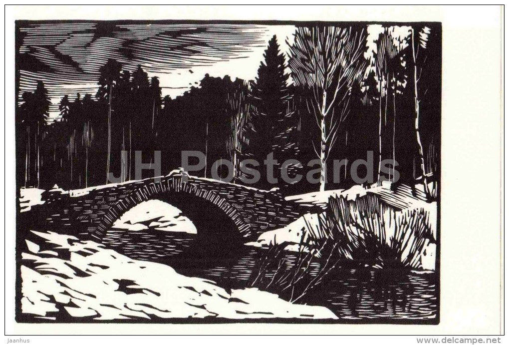 engraving by. A. Ushin - Novosilvysky bridge - Pavlovsk Park - 1969 - Russia USSR - unused - JH Postcards