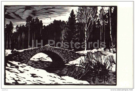 engraving by. A. Ushin - Novosilvysky bridge - Pavlovsk Park - 1969 - Russia USSR - unused - JH Postcards
