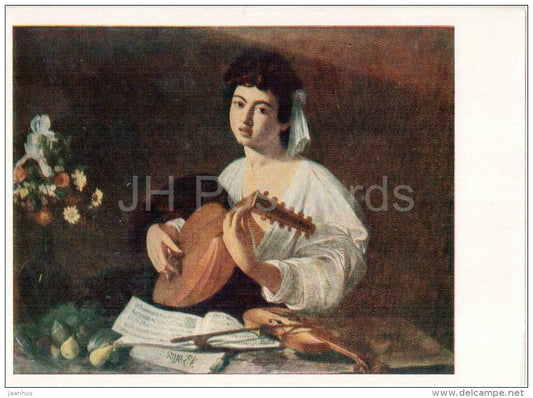 painting by Caravaggio - Lute Playing Woman - violin - italian art - unused - JH Postcards