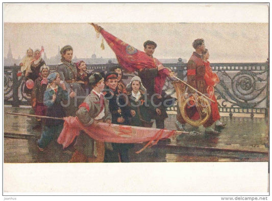 painting by D. Mochalsky - End of Demonstration - red flags - children - russian art - unused - JH Postcards