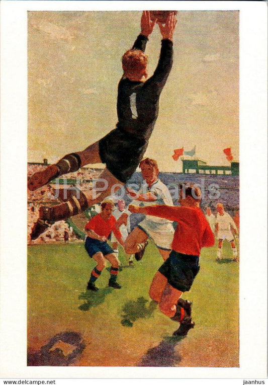 painting by V. Pribylovsky - Goalkeeper - football - sport - Russian art - 1963 - Russia USSR - unused - JH Postcards